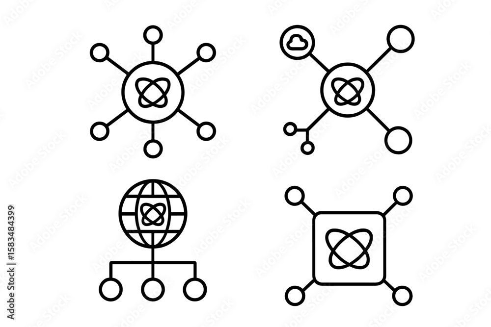 Poster network icons representing connectivity, interaction, and data flow in a minimalist design style