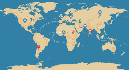 This image depicts a world map with various locations marked with pins in different regions, showing connections between continents and highlighting global travel or communication routes.