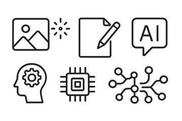 Creatively designed icons representing artificial intelligence concepts with technology elements and symbols
