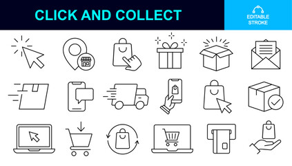 Click and collect and online shopping editable stroke outline icon set for order, purchase, online shopping, e commerce, buy and sell, delivery, gift, discount etc concept. eps editable stroke icons 
