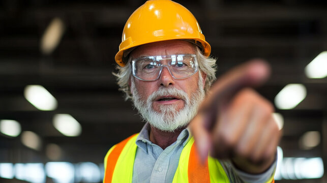 Senior male engineer wearing yellow hard hat, safety glasses, and reflective vest is giving instructions with focused expression in industrial setting - Powered by Adobe