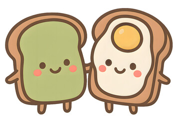 Adorable cartoon toast characters with avocado and egg toppings, smiling and holding hands. Perfect for breakfast-themed or friendship designs.
