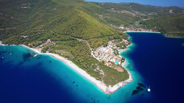 Cinematic Island Coastline Panorama &mdash; Aerial View of Milia and Panormos Beaches. Skopelos, Mamma Mia Island, Greece.