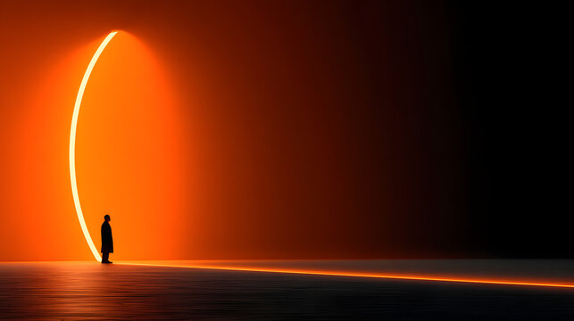 The powerful outline of a leader emerges from an enchanting orange light creating an abstract circle of inspiration. This scene evokes themes of guidance and progressive vision in business