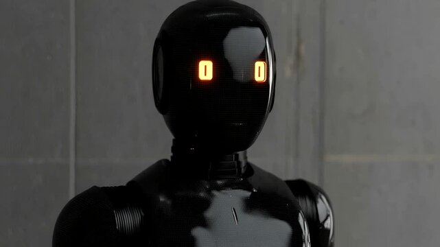 Dark robot figure with glowing display.