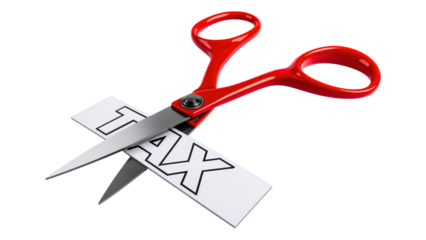 Scissors cutting tax sign isolated on transparent or white background, png
