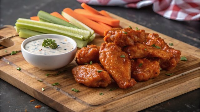 Delicious buffalo chicken wings with celery carrots and blue cheese dip appetizer on wooden board tasty food.
