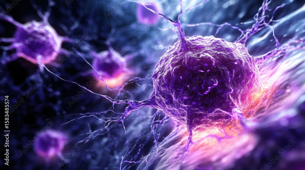 Poster intricate close-up of neurons with glowing synapses illuminating a vibrant neural network in a dynam