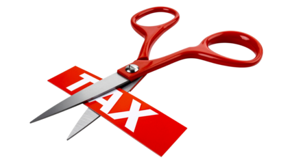 Scissors cutting tax sign isolated on transparent or white background, png