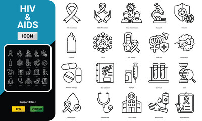 HIV and AIDS icon set vector. Line style healthcare and awareness symbols including virus, condom, syringe, blood donation, safe sex, and medical research elements. Editable stroke, isolated on white 