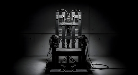 The grim silhouette of a wooden chair with electrical components in a dark, foreboding space.