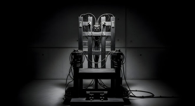 The grim silhouette of a wooden chair with electrical components in a dark, foreboding space.