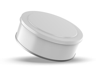 3D rendered mockup of a round food tin container with blank surface for branding and packaging design. Isolated template suitable for product presentation, food storage, label design, and advertising.