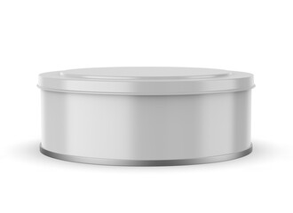 3D rendered mockup of a round food tin container with blank surface for branding and packaging design. Isolated template suitable for product presentation, food storage, label design, and advertising.