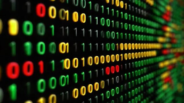 Digital Code: A close-up view reveals a vibrant, colorful display of binary code, illuminating the core of digital data with intricate patterns of ones and zeros.
