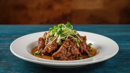 Cooked liver accompanied by onions on a plate over a blue wooden backdrop