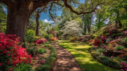 Obraz premium A sun-drenched garden path winds through a vibrant display of azaleas and trees.