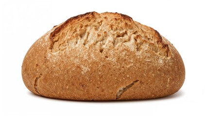Artisan round loaf of crusty wheat bread with a golden brown crust and rustic texture on a white background