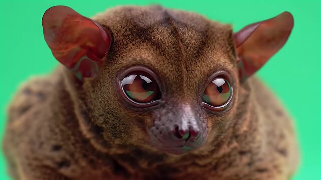 Adorable Bushbaby or Tarsier Portrait with Enormous Eyes on a Vibrant Green Background