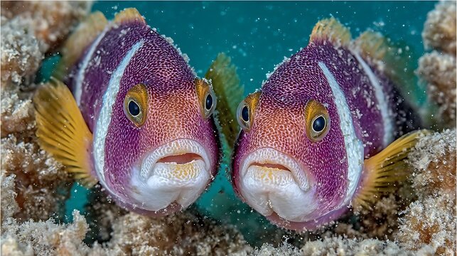 Pair Of Purple And White Striped Anemonefish In Vibrant Underwater Habitat