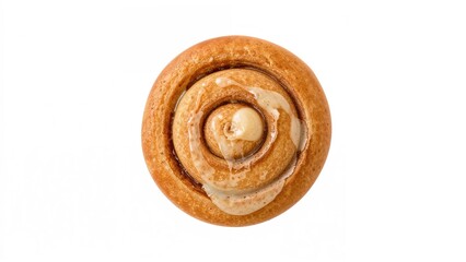 Fototapeta premium Cinnamon roll with creamy icing viewed from above on white background freshly baked pastry dessert sweet treat for breakfast or snack