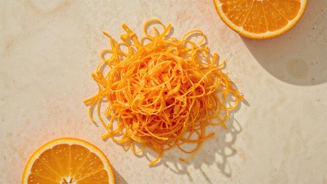 Orange zest pile surrounded by fresh orange slices on a light textured surface, captured from above in a flat lay arrangement.