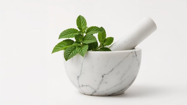Spearmint herb arranged in a marble mortar alongside a pestle against a white background
