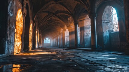 Gothic arched church courtyard at dusk