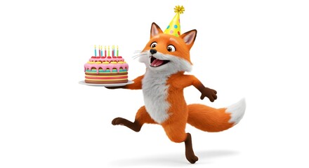 Obraz premium Happy Birthday Fox with Cake and Party Hat