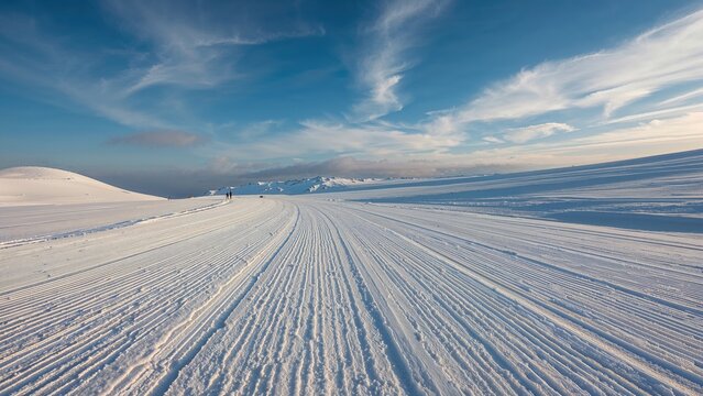 Snow grooming machine tracks on a freshly maintained ski trail - Powered by Adobe