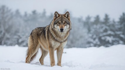 Adult gray wolf standing in a snowy landscape with blurred background trees and a pure white sky during winter season