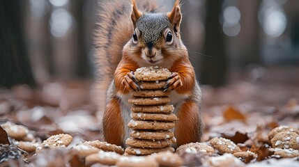 Squirrel balancing a stack of cookies