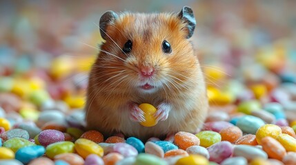 Curious hamster surrounded by colorful candy wrappers