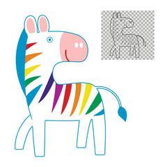 Zebra with colorful stripes. rainbow zebra drawing cartoon.