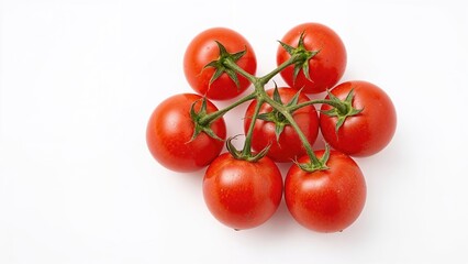 Bright red cherry tomatoes attached to green stems against a white backdrop