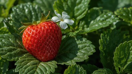 Bright red strawberry alongside leafy greens