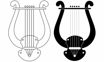 set Vector icon of lyre harp or a classical Greek lyre, shown in outline, silhouette and solid style. Includes tuning pegs, strings, and body. Ideal for music, mythology, or historical themed design. 