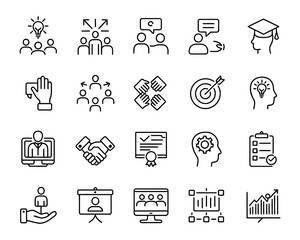 Workshop Vector Icon Set - Training, Teamwork, Collaboration, Knowledge, Skills, Ideas, Learning, Coaching, Chart, Growth, Presentation - Adjustable Line Weight