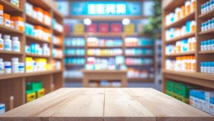 Empty wooden table with a medicine shop blurred background