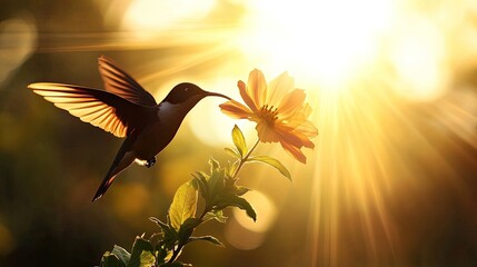Hummingbird Feeding on Flower in Warm Sunlight

