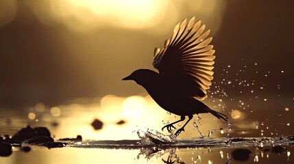 Bird Taking Flight with Water Splashes at Golden Sunrise

