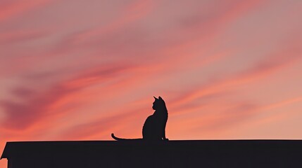 Silhouette of Cat at Sunset Sky with Pink Clouds
