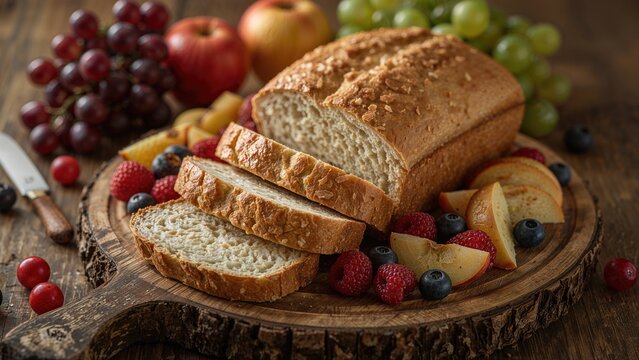 Wooden board holding slices of sweet white bread made with fruit yeast
