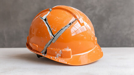 Damaged orange hard hat displays workplace safety risks, emphasizing importance of protective gear for construction, and mining workers. Must be replaced immediately.