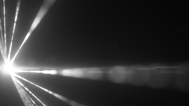 Black-and-white laser beams radiating from a blinding light source in the dark