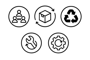 Icons representing collaboration, logistics, recycling, and maintenance in a business ecosystem