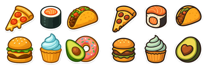 Colorful collection of food icons featuring pizza, sushi, tacos, and desserts displayed on a white background