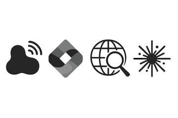 Symbols representing technology, connectivity, and exploration on a clean white background