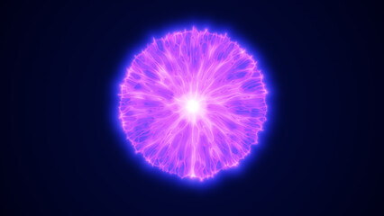 Electric sphere with glowing purple filaments radiating outward from a bright center on a dark background