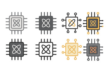 Various electronic circuit designs featuring integrated circuit chips in different colors and styles arranged in a grid